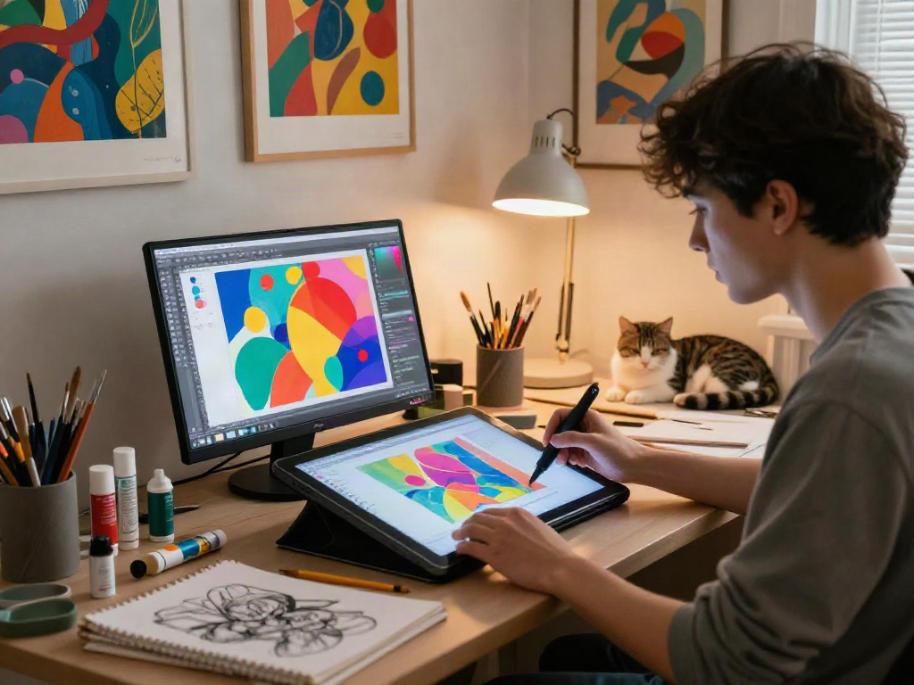 Creative artist using nsfw ai tool in digital studio with vibrant artwork.