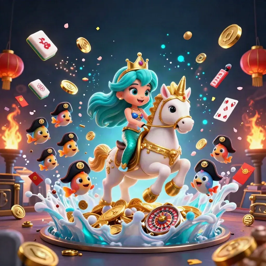 Mermaid princess on golden seahorse amid exploding casino treasure, coins, lanterns, and fireworks.