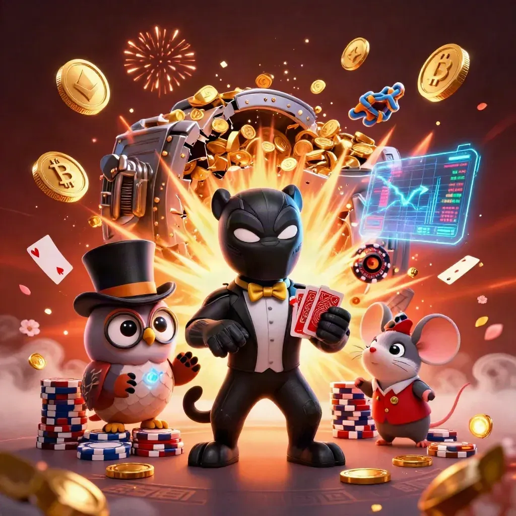 Panther, owl, and mouse amid casino treasure, coins, fireworks, and neon crypto effects